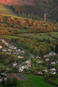 Telecommunications Antenna For Radio And Satellite Communication Technology And Mobile Networks In Rural Countryside With Beautiful Evening Light. Lake District, UK.