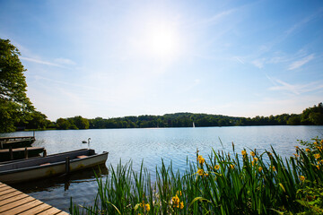 Obraz premium Boats on Wesslinger lake, little lake near munich