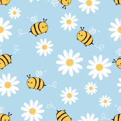 Fototapeta na wymiar Seamless pattern with daisy flower and cute bee cartoons on blue background vector illustration.