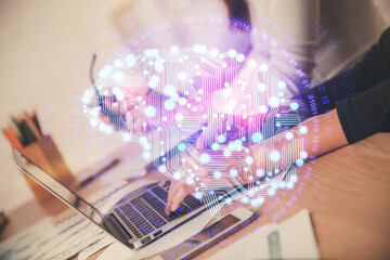 Multi exposure of woman hands working on computer and brain hologram drawing. Ai concept.