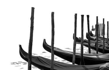 The gondolas are at the pier covered with cloth. A boat is sailing in the distance, driven by a gondeler. A bird sits on a pole. Illustration. Vector, eps10. © Svetlana