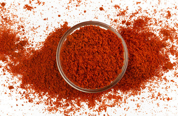 Paprika powder isolated on white background, top view