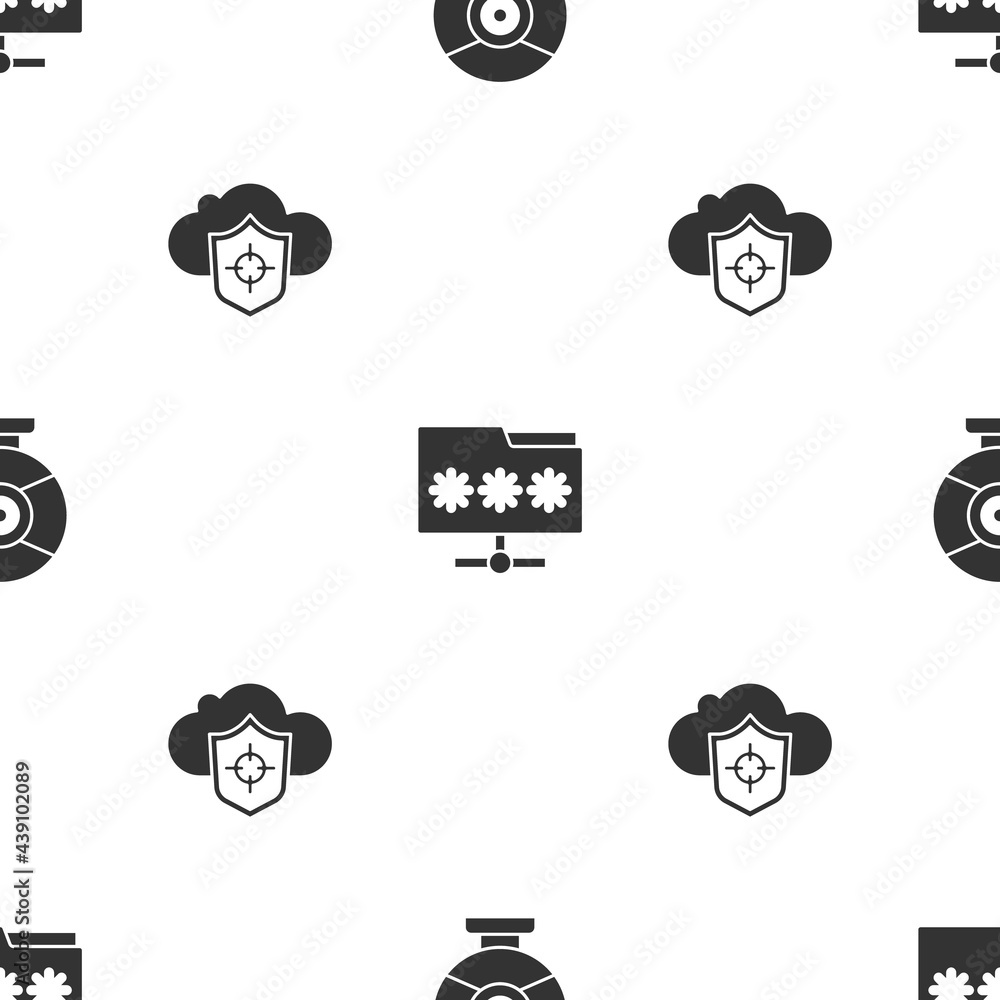 Poster Set Security camera, Folder with password and Cloud and shield on seamless pattern. Vector
