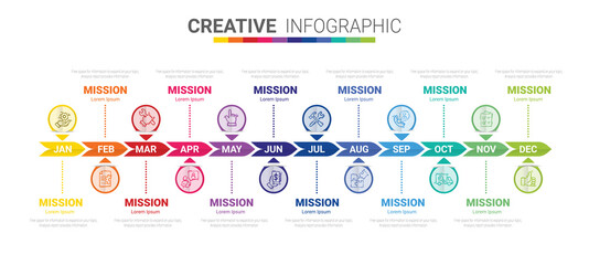 Timeline business for 12 months, 1 year, Timeline infographics design vector and Presentation business can be used for Business concept with 12 options, steps or processes. 