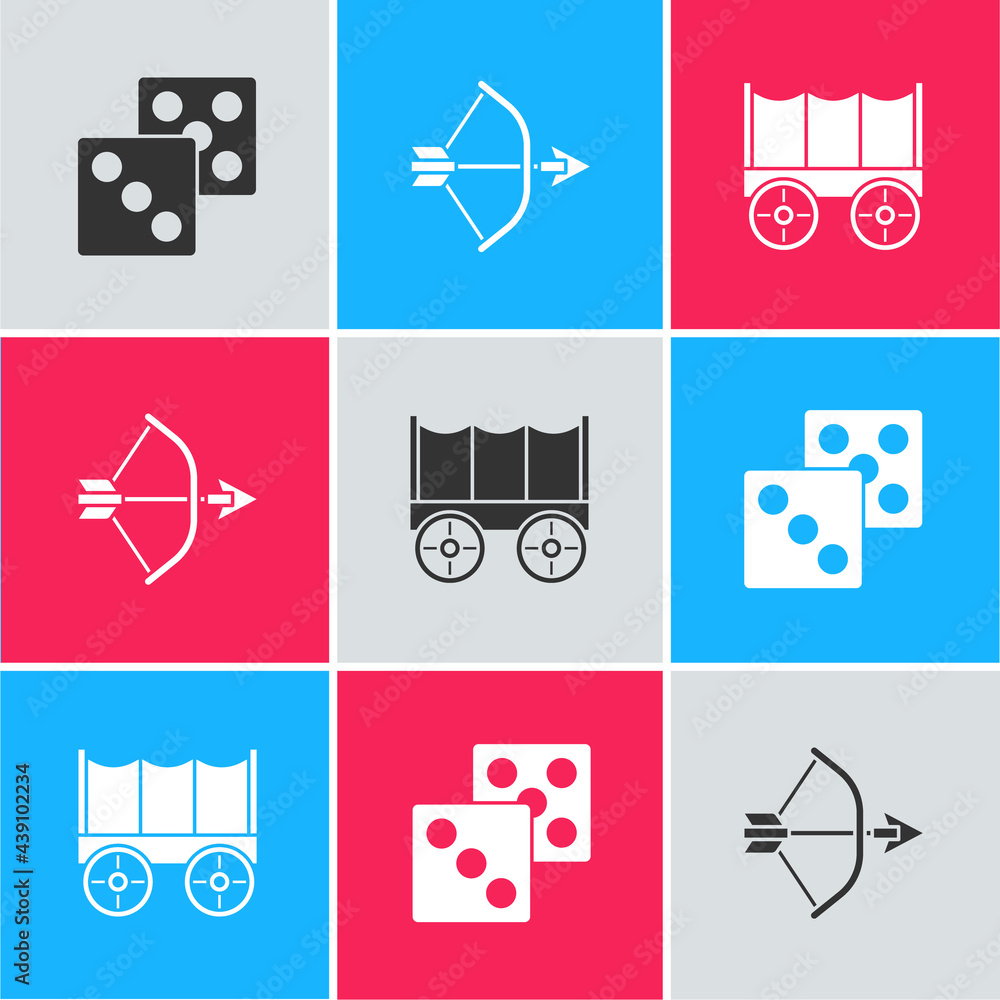 Poster set game dice, bow and arrow in quiver and wild west covered wagon icon. vector