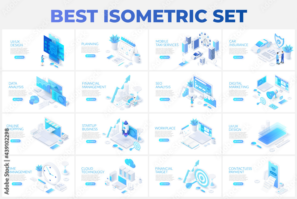 Poster large set of isometric illustrations with characters for landing page, advertisement or presentation