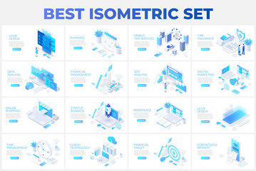 Large set of isometric illustrations with characters for landing page, advertisement or presentation. Data analysis, management, SEO, online shopping and startup business - obrazy, fototapety, plakaty