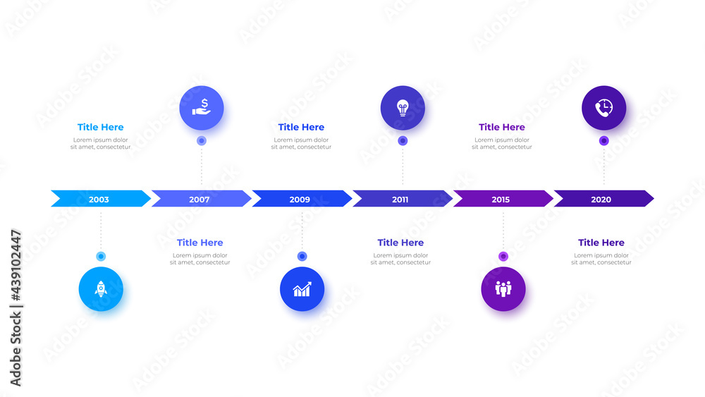 Aufkleber Infographic timeline design template. Business data visualization with 6 options, parts, steps or processes. Can be used for workflow layout, diagram or presentation