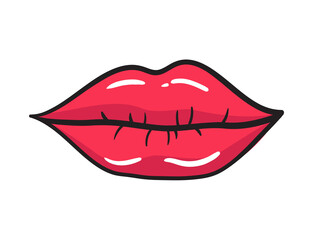 Comic female red lips sticker. Women mouth with lipstick in vintage comic style. Rop art retro illustration