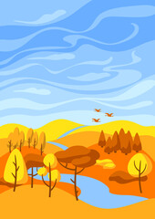 Autumn landscape with forest, trees and bushes.