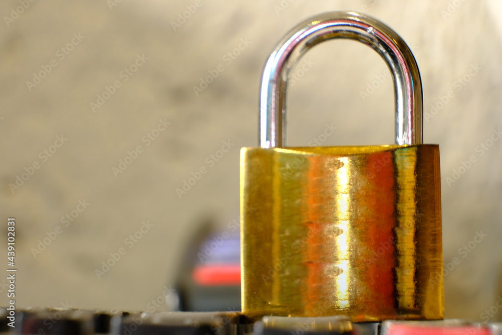Poster padlock on table background and business security concept, protecting data personal information