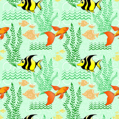 Fototapeta na wymiar Tropical coral fishes and seaweed seamless pattern. Exotic ocean creatures surface pattern design. Marine animals endless texture. Underwater fauna boundless background. Sea life editable tile.