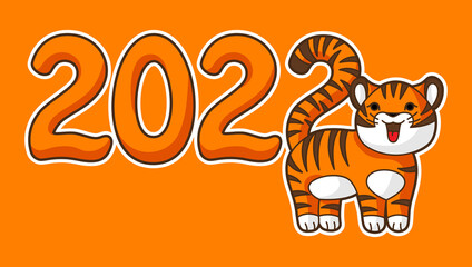 Greeting card with cute tiger. Symbol of Happy Chinese New Year 2022.