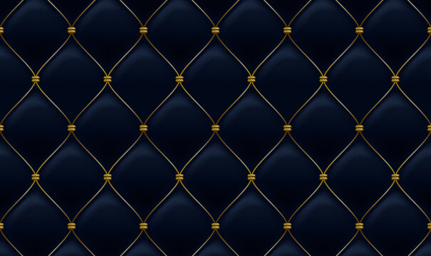 Abstract polygonal pattern luxury dark blue with gold thread and beads. Dark blue leather sofa texture background. Decorative Upholstery Soft Gloss Quilted Background. Vector illustration EPS10