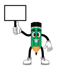 Happy mascot pencil character holding blank board placard colorful outfit isolated