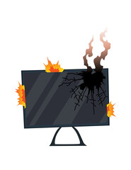 Broken home appliances. Damaged monitor. Domestic icon isolated on white. Burning electronics. Homeappliances or burnt electrical household equipment in fire
