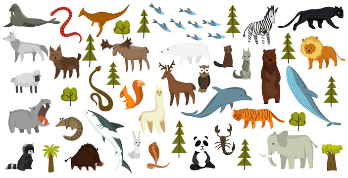 Collection of cute animals. Hand drawn animals which are common in America, Europe, Asia, Africa. Icon set isolated on a white background