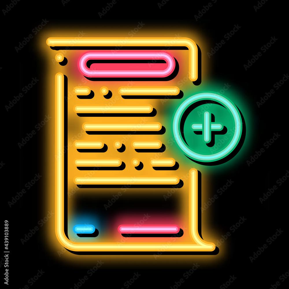 Poster adding financial document for audit neon light sign vector. glowing bright icon adding financial doc