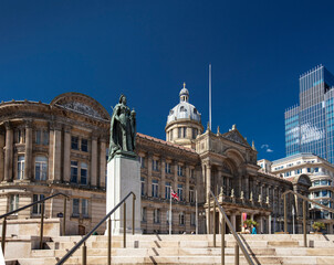 Birmingham, West Midlands, UK, May 2021, the Birmingham Museum & Art Gallery and statue of Queen...