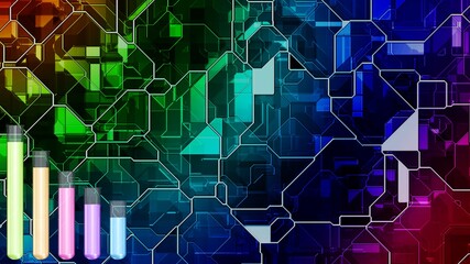 Reagenzgläser mit bunten Chemikalien vor einem synthetischen Hintergrund