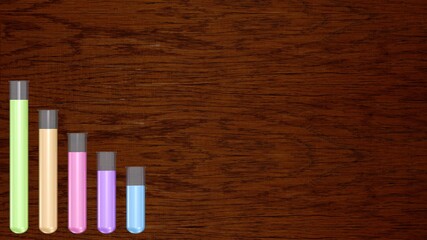 Reagenzgläser mit bunten Chemikalien vor einem dunklen Holzhintergrund