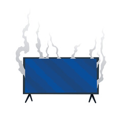 Broken home appliances. Damaged monitor. Domestic icon isolated on white. Burning electronics. Homeappliances or burnt electrical household equipment in fire