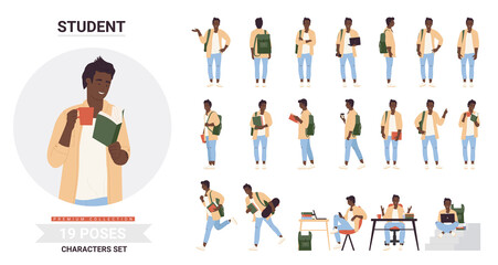 African american black student young man poses infographic vector illustration set. Cartoon student guy holding coffee cup, posing with book study, walking with backpack, running skateboard isolated