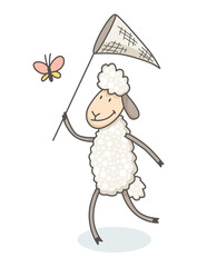 Funny cute white sheep in hand drawn style who catch a butterfly with a net. Childish creative print for decoration or card. graphic design element for kids poster