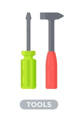 Two isolated objects on white background. Vector illustration of an isolated screwdriver and hammer. Icon for tool store icon and for construction. 