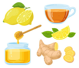 Natural cough remedies. Honey, vitamin c lemon, hot tea and chopped ginger root cartoon vector illustration set. Natural medicine remedies