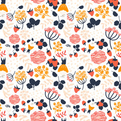 Strawberry seamless pattern. Abstract berries, branches, leaves and flowers. Vector white  background. Perfect for printing on the fabric, design package and cover.