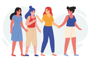 Fototapeta premium Female friends walk together. Happy young girlfriends walking together and chatting vector illustration. Women friendship concept