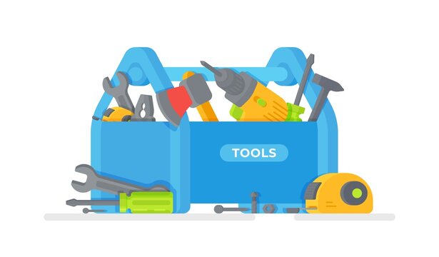 Vector illustration of insulated wooden box on white background. Construction tools. Toolbox with hand tools inside. 