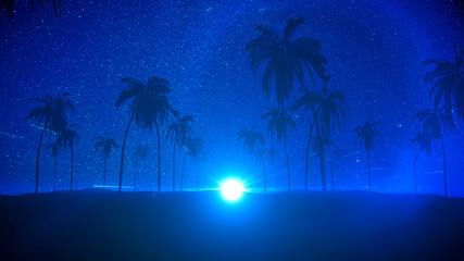 Silhouettes of tropical summer night with palm trees, star and moon. Night beach party background, 3d rendering.