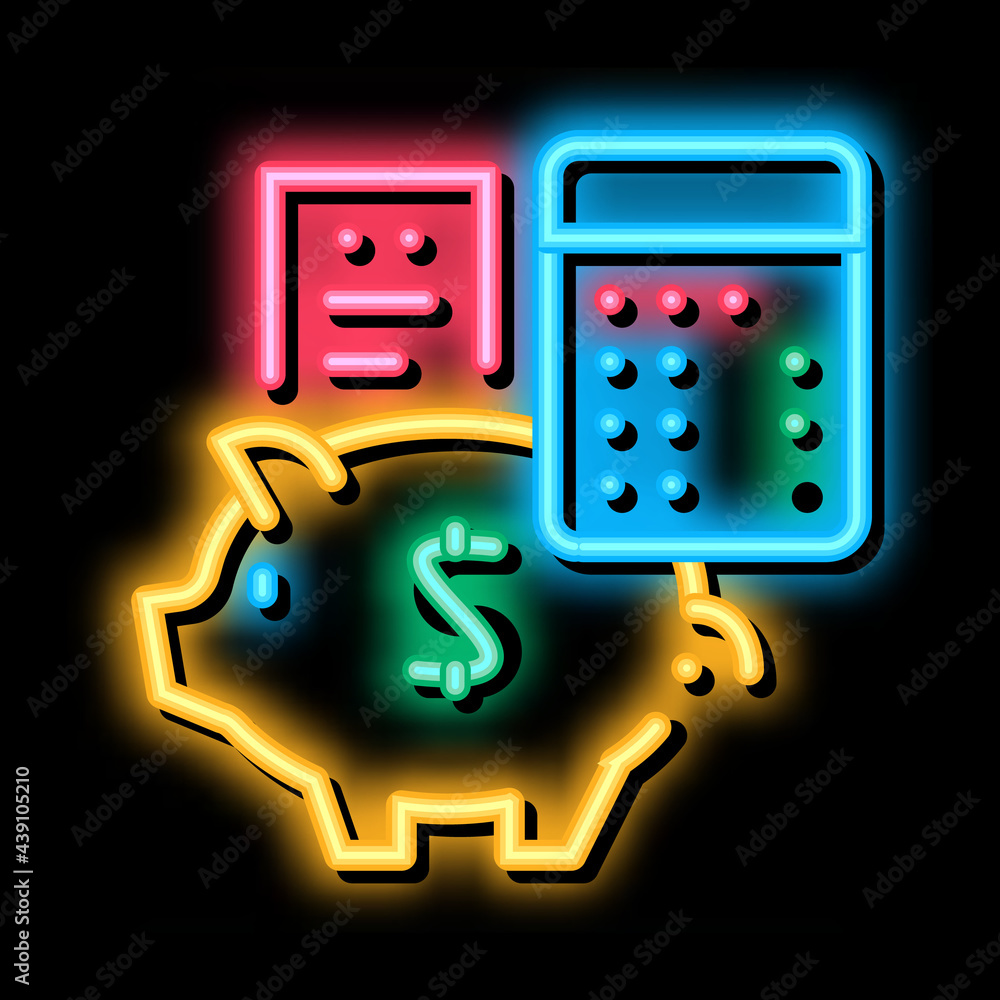 Wall mural piggy bank profit calculating audit neon light sign vector. Glowing bright icon piggy bank profit calculating audit sign. transparent symbol illustration