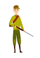 Hunter character with rifle. Man with a gun in camouflage in cartoon style. Human with weapons on hunting