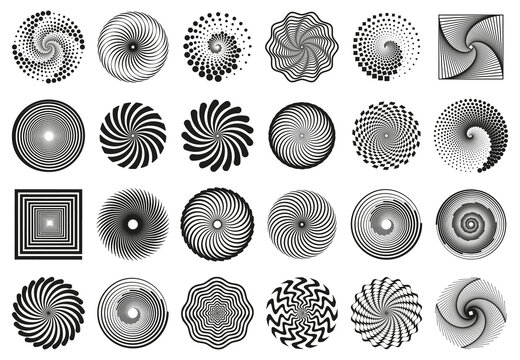Swirl spirals. Spiral vortex motion elements, vertigo motion swirl spiral silhouettes vector illustration element set. Abstract spiral symbols