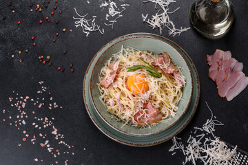 Pasta Carbonara. Spaghetti with bacon, egg, parsley and Parmesan cheese