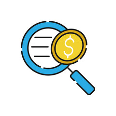 Money Search icon Vector Illustration. Money with Searching icon vector design concept for Banking, Finance, Currency and Trading Investment Business website, symbol, icon, sign, App UI template.