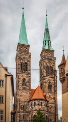 Fototapeta na wymiar Bell towers of St. Sebaldus Church in Nuremberg
