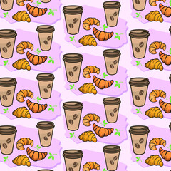The pattern. Vector image of a cup of coffee and croissants on a colored background. Color image.