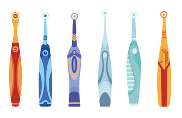 Collection of toothbrushes dental symbols. Mouth cleaning tools. Isolated icons for web. Oral care and hygiene, healthcare concept. illustration of electric toothbrushes on white background