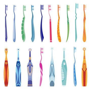 Collection of toothbrushes dental symbols. Mouth cleaning tools. Isolated icons for web. Oral care and hygiene, healthcare concept. illustration of electric toothbrushes on white background