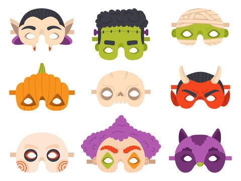 Halloween carnival masks. Happy halloween devil, mummy, pumpkin and vampire party mask vector illustration set. Cute halloween masquerade masks