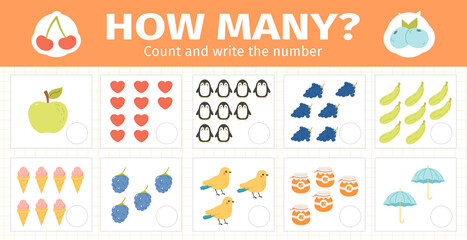 Counting math kids game. Mathematical numbers counting game for kids, children math game worksheets vector illustration set. Educational math cards