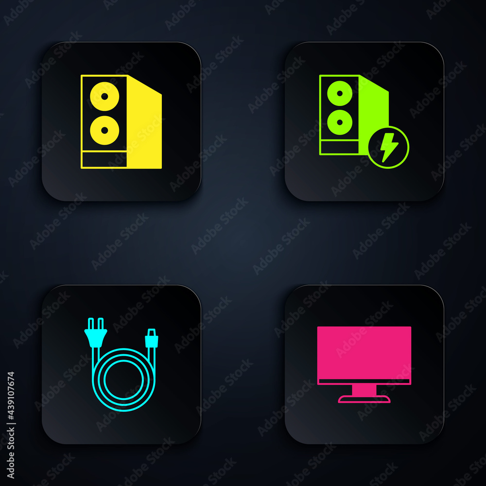 Poster set computer monitor screen, case of computer, electric plug and . black square button. vector