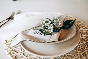 Cutlery on the table. Banquet and wedding table setting. Banquet accessories. Close-up.