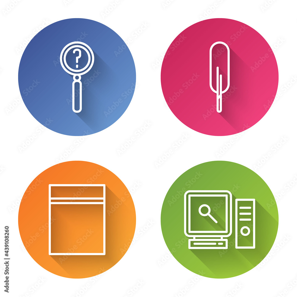 Poster set line magnifying glass with search, feather pen, plastic bag with ziplock and search on computer 