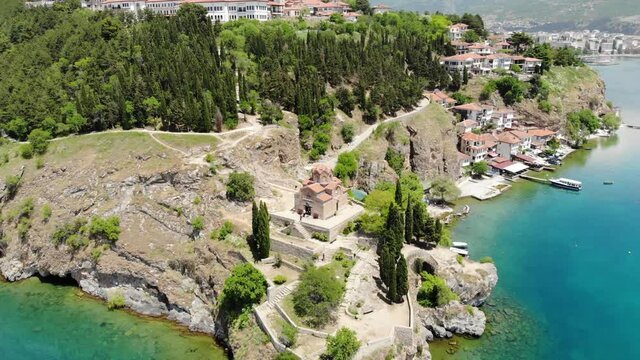 Drone view of the Church of St. John Kaneo in Ohrid. Church of St. John the Evangelist. Drone shot of the Macedonian Orthodox Church, located on a cliff above the Kaneo beach in the city of Ohrid 