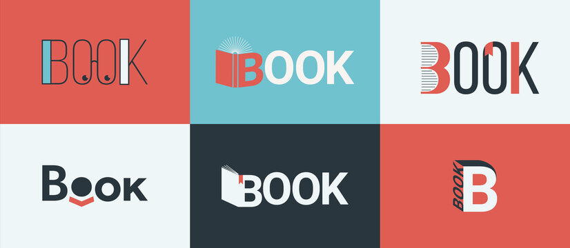 A set of book logos, bookstore logo concepts. Symbol of knowledge, learning and education for libraries, bookstores in flat design style. Bookshop logotypes with books. Vector illustration.